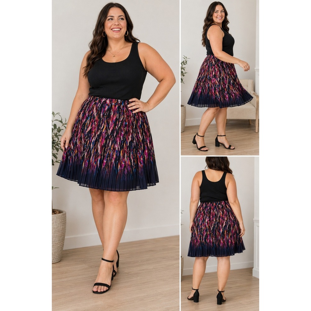 Lane Bryant Skirt Abstract Feather Print Pleated Chiffon Lined Plus Size 18/20